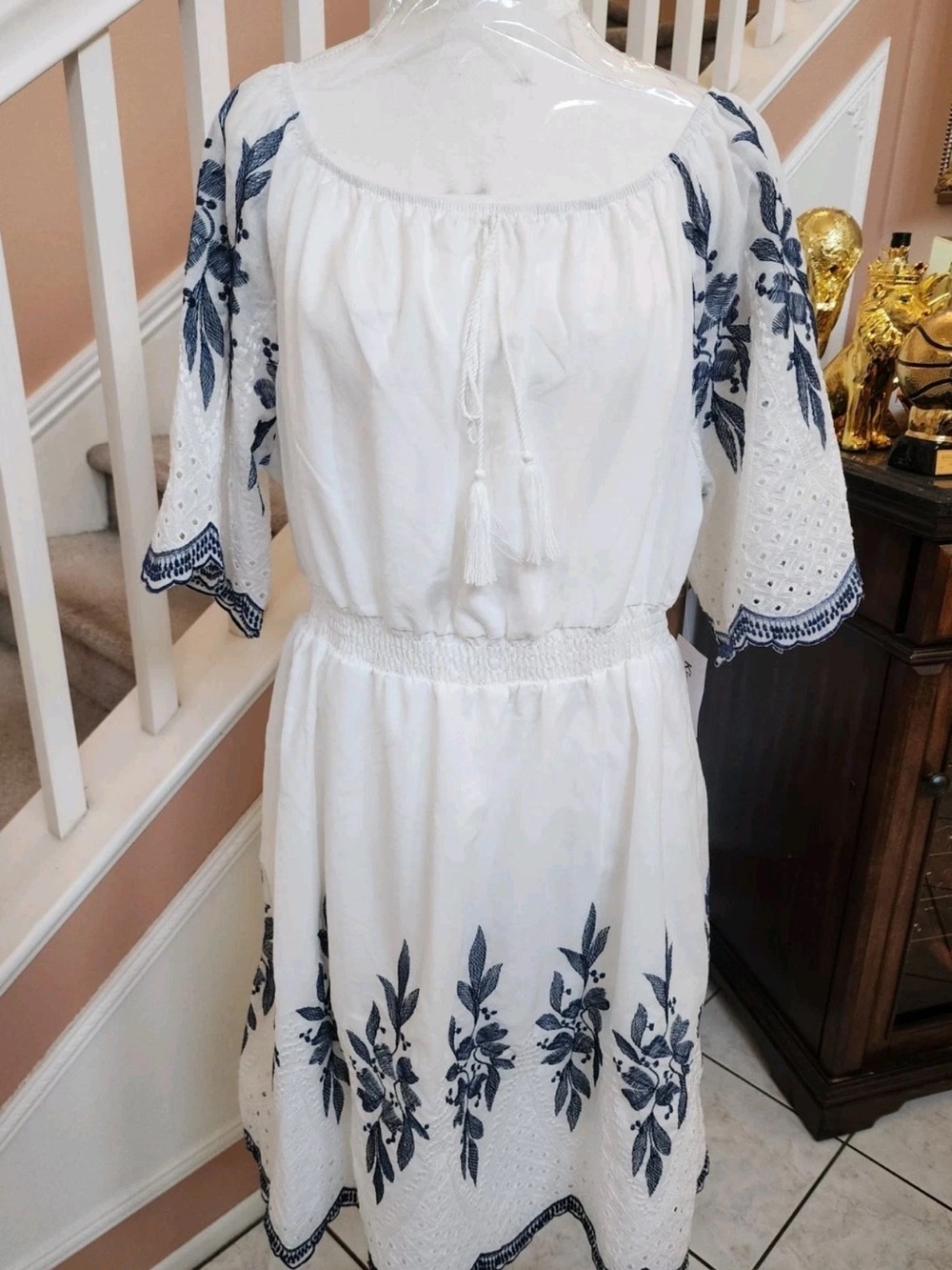 Anthropology Kindred White Embroidered Mini Dress with Navy Floral Accents